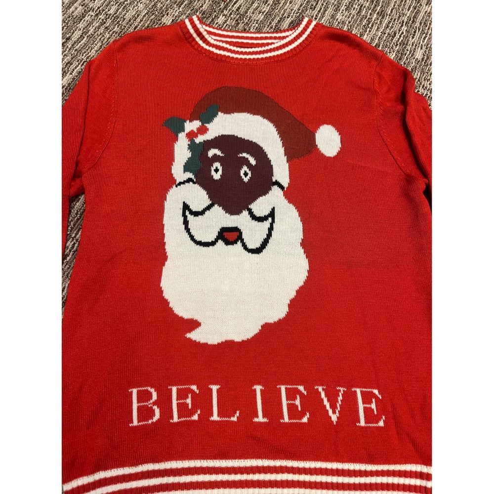 Tipsy Elves Womens Black Santa Believe Christmas Sweater Red Large Holiday Knit
